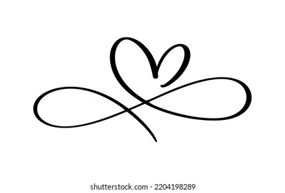 Love vector heart logo in sign of infinity. Sign on postcard to Valentines day, wedding print. calligraphy and lettering illustration isolated on a white background.