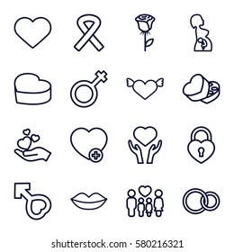 love vector icons. Set of 16 love outline icons such as lips, heart on hand, family, hand holding heart, add favorite, male, sweet box, rings, pregnant woman, ribbon