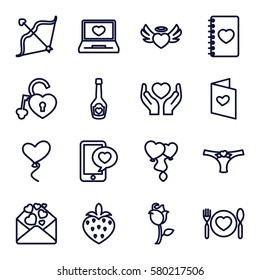 Love vector icons. Set of 16 Love outline icons such as hands holding heart, notebook with heart, love letter, rose, strawberry