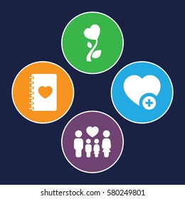 Love vector icons. Set of 4 Love filled icons such as family, add favorite, notebook with heart