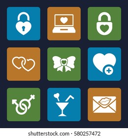 Love vector icons. Set of 9 Love filled icons such as add favorite, laptop with heart, love letter, male and female, heart, heart lock, bow