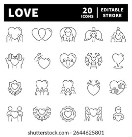 Love vector icons. Love icons set in line style. Love, friendship, care, charity, romance, heart icons. Editable stroke outline vector icons set related to LOVE