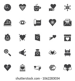 Love vector icons set, modern solid symbol collection, filled style pictogram pack. Signs, logo illustration. Set includes icons as Clock with love hearts, Valentines day present, Cup of hot drink