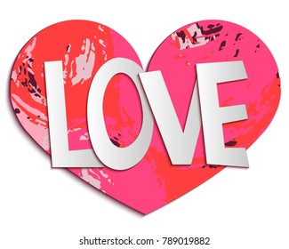 Love. Vector illlustration with hand drawn lettering on textured heart shape. Paper cut style. 