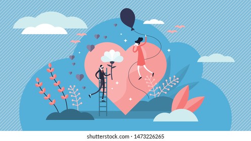 Love vector illustration. Flat tiny romance feelings symbols person concept. Abstract flying happiness, marriage and couple relationship visualization. Strong positive and cheesy bonding emotions.
