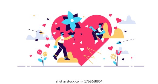 Love Vector Illustration. Flat Tiny Romance Feelings Symbols Person Concept. Abstract Flying Happiness, Marriage And Couple Relationship Visualization. Strong Positive And Cheesy Bonding Emotions.