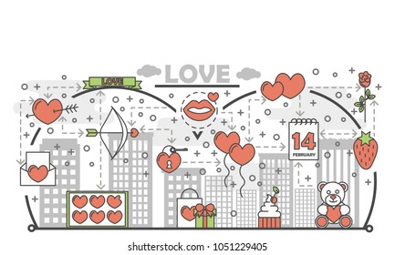 Love vector illustration. Modern thin line art flat style design element with Saint Valentines day love romantic symbols, icons for website banners and printed materials.