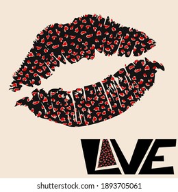 LOVE Vector ilustración. Diseño romántico para el Día de San Valentín. Forma de símbolo de labios manuscritos, impresión de besos con huella animal. Diseño de plantillas festivas, tarjeta de saludo, afiche, banner web.
