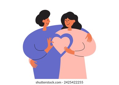 Ilustración vectorial de amor. Día de San Valentín. Un par de personas que sostienen un gran corazón juntas. Hombre abrazando a mujer dando su regalo. Amantes felices masculinos y femeninos se abrazan. Novio y novia cita romántica