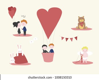 Love vector illustrations. Valentine's day. Engagement, wedding, bridal. Hearts, balloon, romantic, couple, Teddy bear, Cupid, arrow, bunnies, bunting, letters. Funny happy cute cartoon.