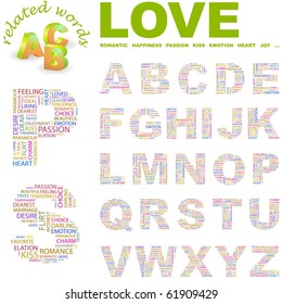 LOVE. Vector letter collection. Illustration with different association terms.