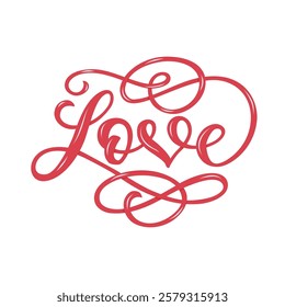 Love vector lettering composition in script hand drawn style with heart and flourish. 3d effect.	