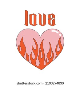 Love vector lettering quote and Heart with flame pattern isolated on white background. Modern vector illustration Y2k. Nostalgia for the 2000 years. Valentine's day card