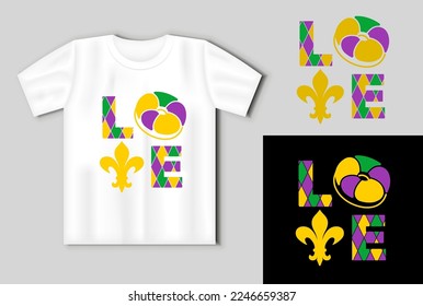 Love. Vector lettering for t shirt, poster, card. Mardi Gras concept with t-shirt mockup. Vector Illustration