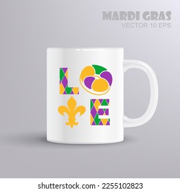 Love. Vector lettering for t shirt, poster, card. Mardi Gras concept with mug mockup