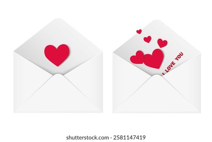 Love vector letters, envelopes with red papercut hearts. I love you. Valentines postcard, invitation. marriage proposal