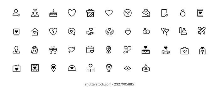 Amar los iconos de línea vectorial conjunto simple. Carta romántica, pareja feliz, anillo, regalo, corazón roto, icono de luna de miel. Stroke editable.