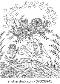 Love vector linear illustration. Coloring Page.