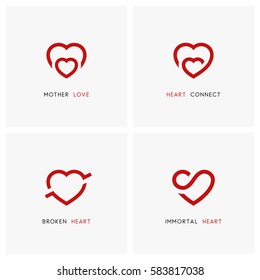 Love Vector Logo Set. Red Hearts, Mother And Child, Baby Care Symbols - Family, Pregnancy And Relationships Icons.