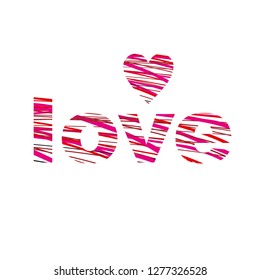 Love. Vector logo word love and heart shape recruited from horizontal red lines of ribbons.
