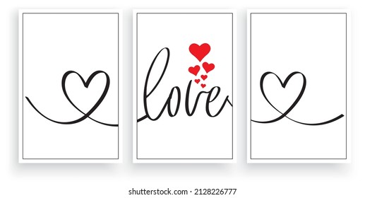 Amor, vector. Diseño de afiches tipográficos minimalistas en tres piezas. Diseño artístico de lienzo. Arte mural, arte. Ilustración cardíaca. Diseño de texto aislado en fondo blanco, grabado