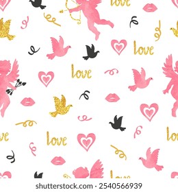 Love vector pattern with cupids and hearts. Wedding print. Valentines day background
