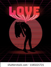 Love. Vector poster with silhouette of thin girl made in vaporwave style. Template for card, banner, print for t-shirt, pin, badge, patch.