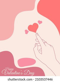Love vector poster template. Valentine's Day greeting card with the lineart of a pair of hands and a heart on a red background. Vector illustration.