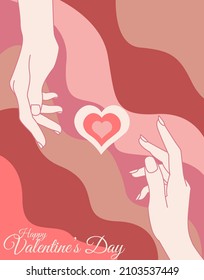 Love vector poster template. Valentine's Day greeting card with the lineart of a pair of hands and a heart on a red background. Vector illustration.