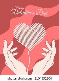 Love vector poster template. Valentine's Day greeting card with the lineart of a pair of hands and a heart on a red background. Vector illustration.