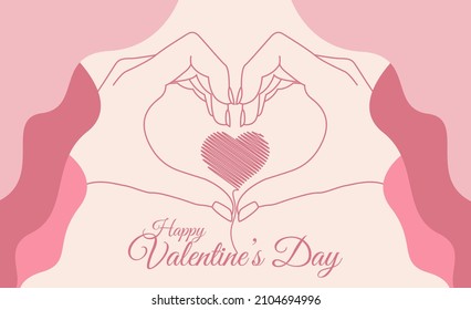 Love vector poster template. Valentine's Day greeting card with the lineart of a pair of hands and a heart on a red background. Vector illustration.