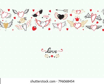 Love. Vector seamless horizontal border banner. Hearts with Wings for Valentines Day or Wedding greeting cards. Beautiful Doodle Heart tattoo. Hand drawn illustration