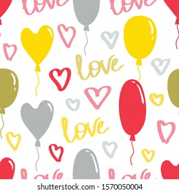 Love vector seamless pattern with balloons and hearts on white background. Flat design. Vector banner.