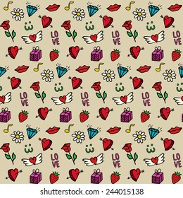 Love - vector seamless pattern with diamond, heart, wing, rose, gift box, kiss, i love you text. Valentines day illustration