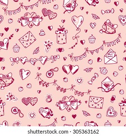 Love. Vector seamless pattern of Hand Drawn Doodles Valentine's day elements. Festive background. Holiday Wallpaper.