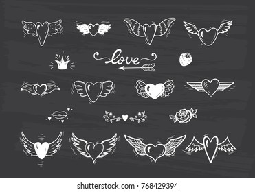 Love Vector Set. Beautiful Doodle Heart tattoo. Hearts with Wings for Valentines Day or Wedding greeting cards. Chalk Board background. Hand drawn illustration