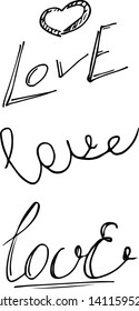 Love vector set lettering phrase. Handwritten word. Love calligraphy script. Hand drawn illustration. Typography poster with modern black calligraphic brush painted text isolated on pink background.