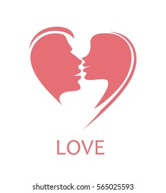 Love. Vector symbol heart face silhouettes of kiss lovers