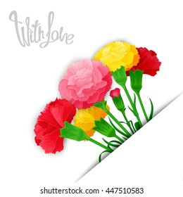 With Love. Vector template of bouquet flowers Carnations in stylized cuts paper. Location of on the diagonal.