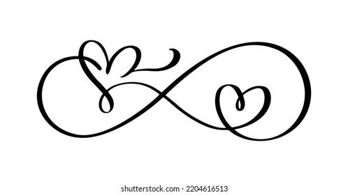 Love vector two hearts logo in sign of infinity. Sign on postcard to Valentines day, wedding print. calligraphy and lettering illustration isolated on a white background.