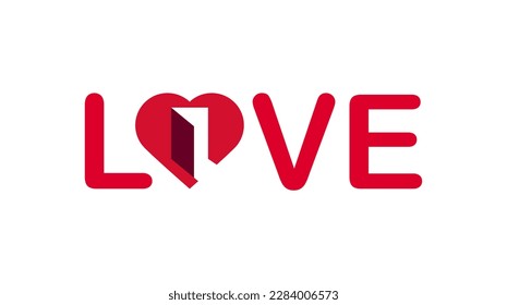 Love vector word with heart instead of letter o with open door inside.