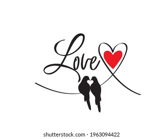 Amor, vector. Diseño de texto aislado en fondo blanco, con letras. Decretos murales, arte mural, obras de arte. Las aves combinan siluetas en forma de corazón, ilustración.
