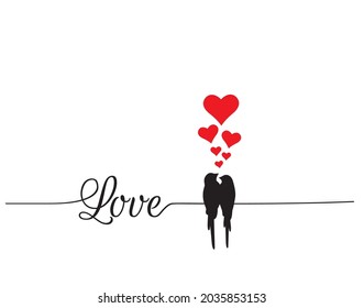 Love, vector. Wording design isolated on white background, lettering. Wall decals, wall art, artwork. Birds couple silhouettes, illustration.