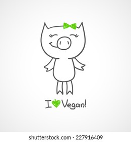 i love vegan, handwritten text and hand drawn cute piggy, vegetarian concept