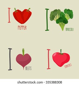 I love vegetables: broccoli and beetroot. Symbol heart of peppers and tomatoes. Set Vegetarian emblem.