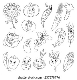 I love vegetables. Funny cartoon character. Vector illustration. Coloring book. Set