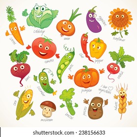I love vegetables. Funny cartoon character. Vector illustration. Isolated on white background. Set