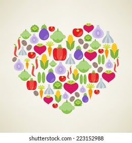 I love Vegetables. Vector concept. Heart with different vegetable flat icons depicting beet, cabbage, carrot, chilli, corn, cucumber, eggplant, garlic, onion, paprika, peas, potato, squash, tomato 