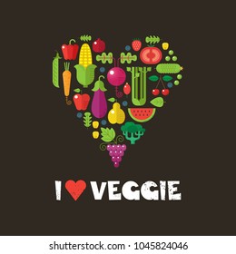 I love veggie. Heart-shaped decorative element is made of fruits, vegetables, and berries. Vector illustration, flat design. Good for print, posters, commercial, flayers, banners, advertising. 