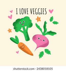 I love veggies cute design with mascot vegetables. Vector illustration for tote bags, T-shirt, covers.